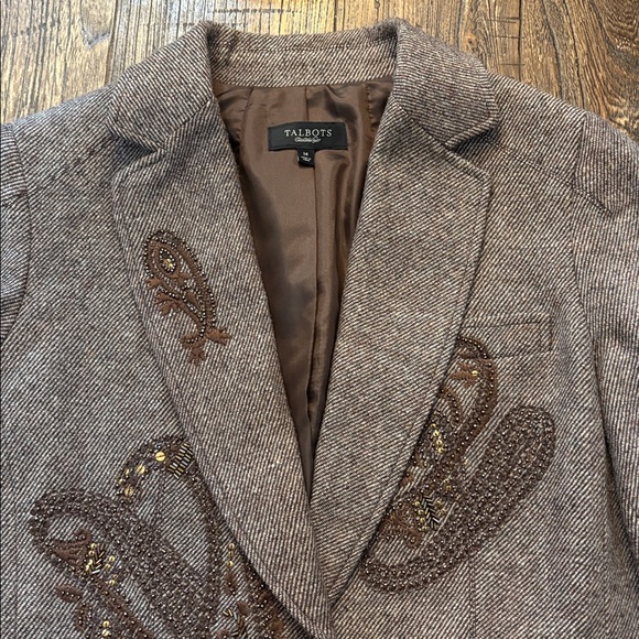 Talbots Wool Blend Paisley Embroidered Beaded Blazer Jacket Brown 14 EUC - Picture 3 of 9